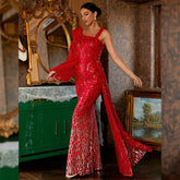 Elegant Long Sequined Long Sleeve Diagonal Collar Backless Cocktail Evening Dress Bridesmaid Bodycon Maxi